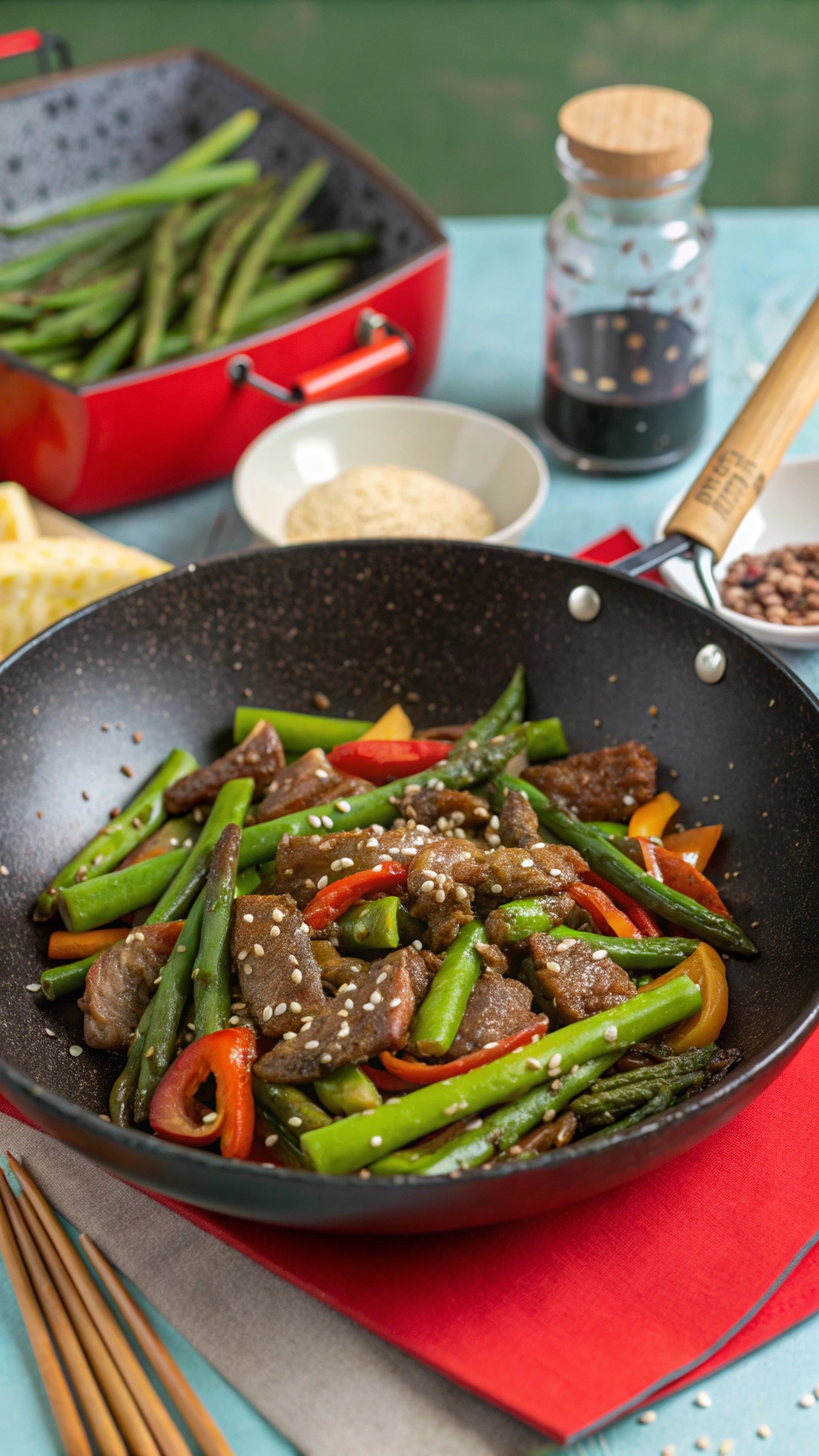 A colorful beef and asparagus stir-fry in a black skillet, garnished with sesame seeds.