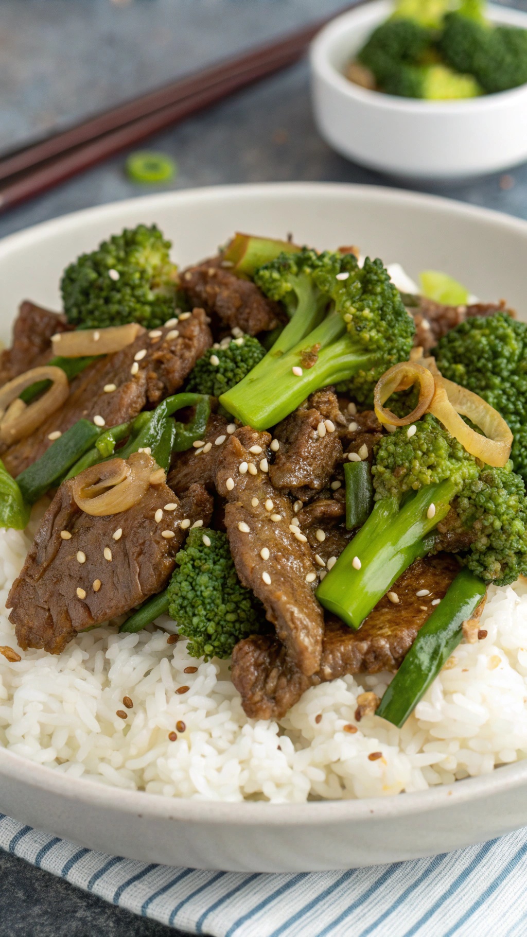 A bowl of beef and broccoli over rice, garnished with sesame seeds and green onions.