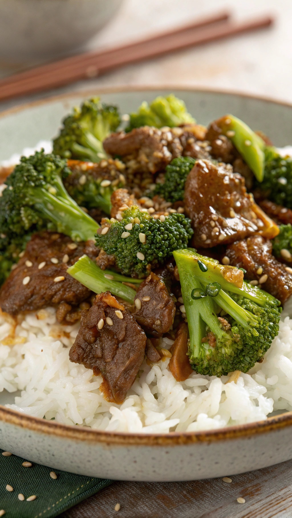 A plate of beef and broccoli served over rice, garnished with sesame seeds.