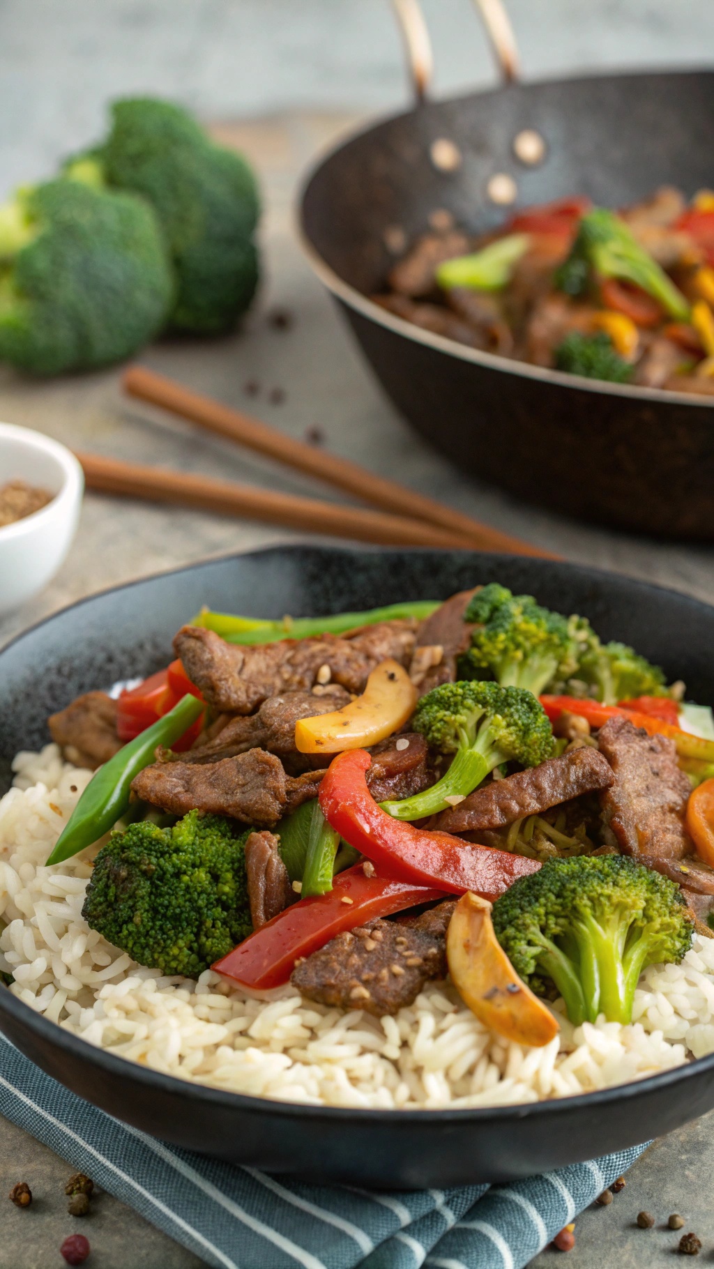 A colorful plate of beef and broccoli stir-fry served over rice