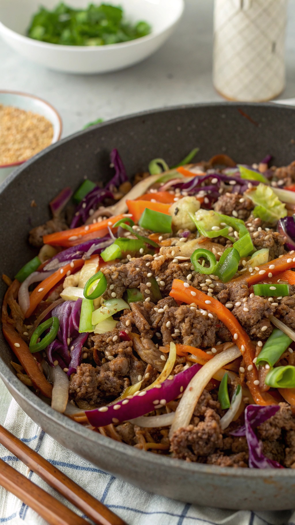 A colorful beef and cabbage stir-fry in a skillet, featuring vibrant vegetables and ground beef.
