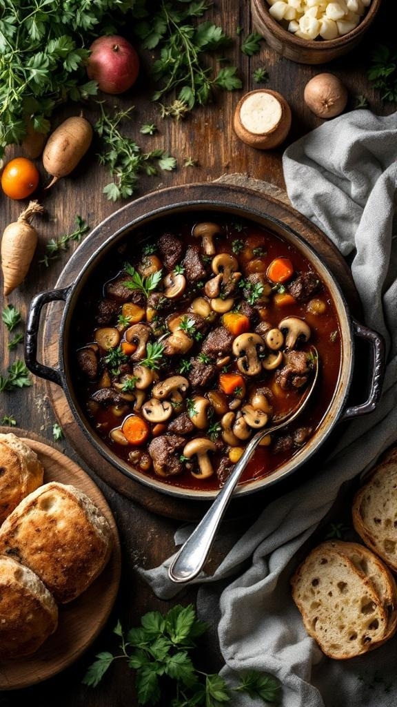 A hearty beef and mushroom stew in a pot, surrounded by fresh vegetables and bread rolls.