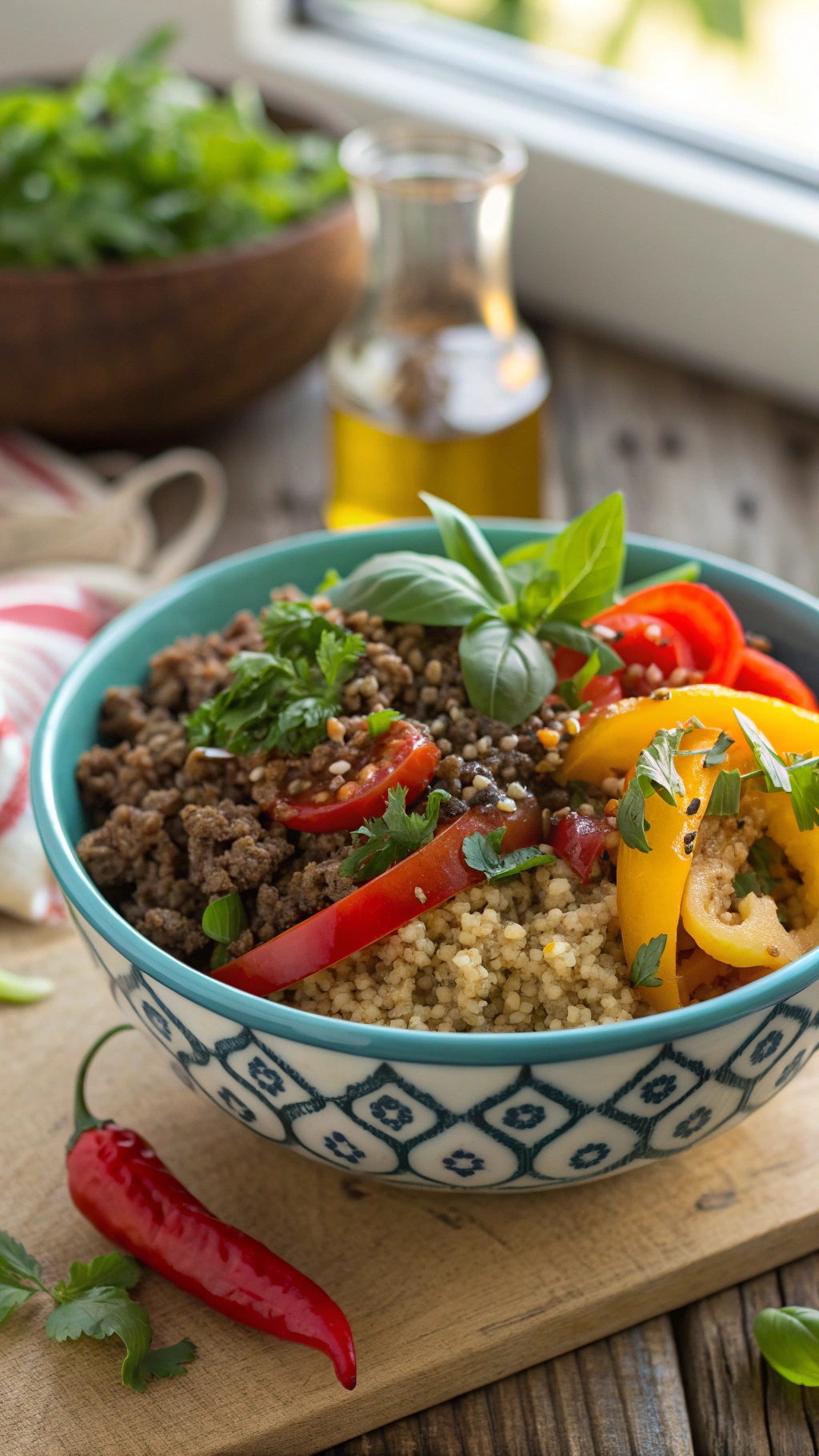 A colorful bowl of ground beef and quinoa topped with fresh vegetables and herbs.