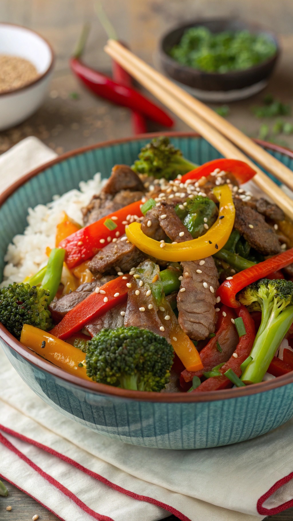 A colorful bowl of beef and vegetable stir-fry with broccoli, bell peppers, and sesame seeds.