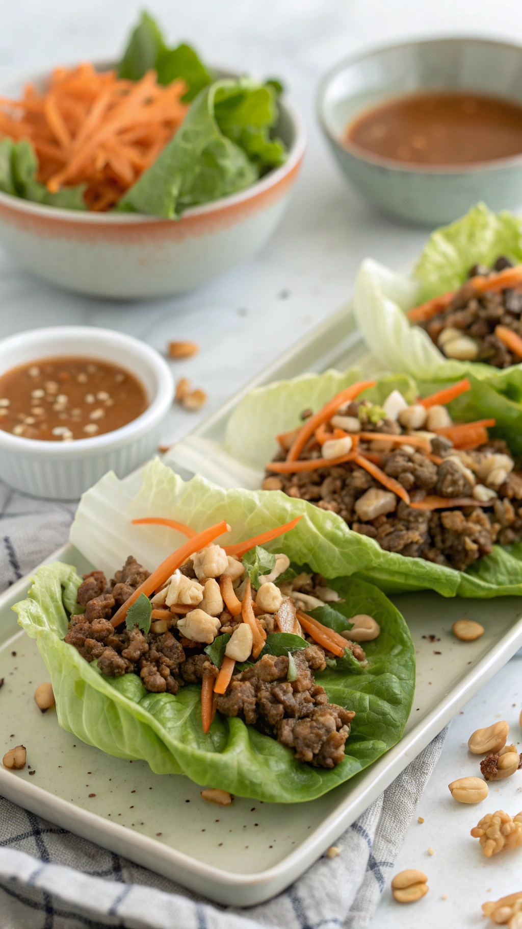 Savory beef lettuce wraps filled with ground beef, carrots, and peanuts on a plate.