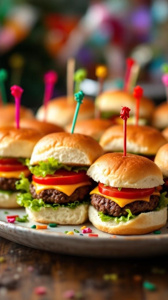 Mini burgers with colorful picks on a platter