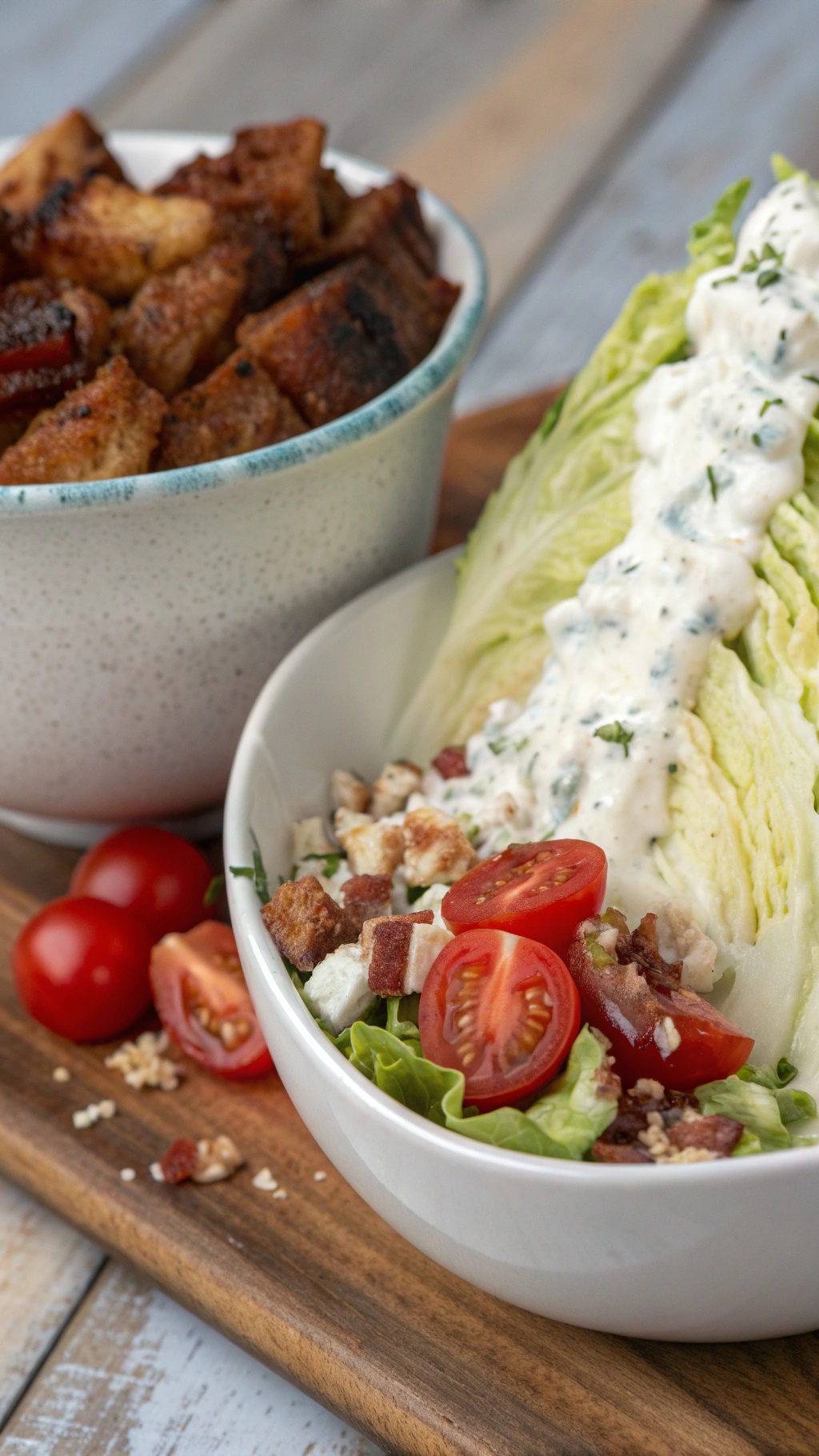 A bowl of wedge salad topped with blue cheese dressing, cherry tomatoes, and croutons, with a side of crispy croutons.