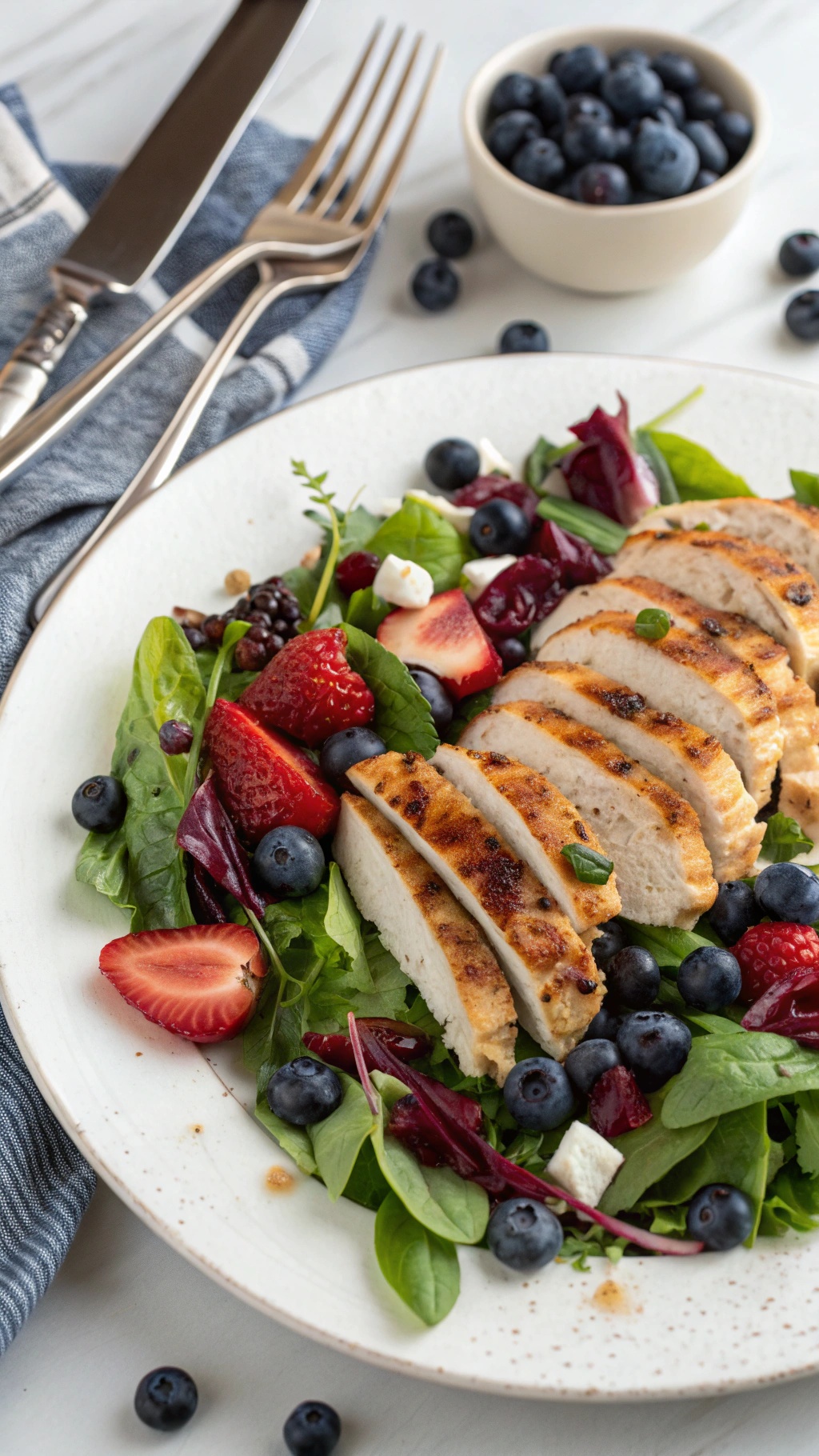 A delicious blueberry chicken salad with grilled chicken, fresh greens, strawberries, and blueberries on a plate.