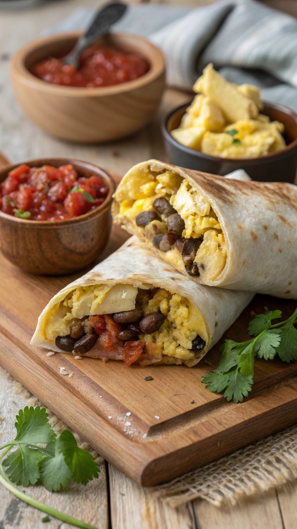 Two breakfast burritos filled with eggs and black beans, served with salsa on the side.