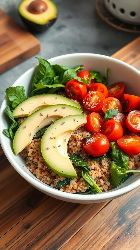 A bowl of quinoa topped with spinach, cherry tomatoes, and avocado slices.