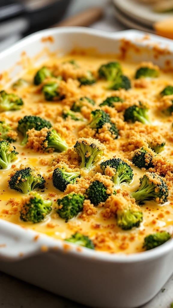 A delicious dairy-free broccoli and cheese casserole with a crispy topping, showcasing fresh broccoli florets.