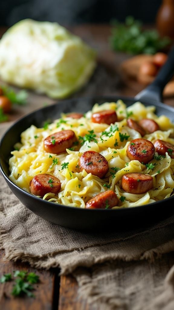 A skillet filled with cabbage, sausage, and noodles, garnished with parsley.