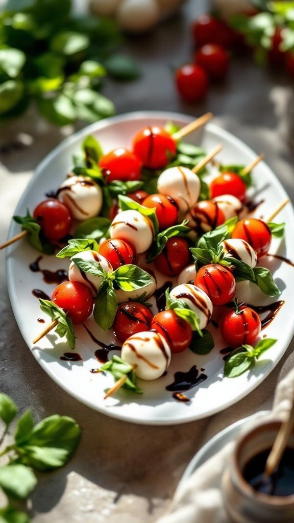 A plate of savory Caprese skewers with cherry tomatoes, mozzarella balls, and basil drizzled with balsamic glaze.