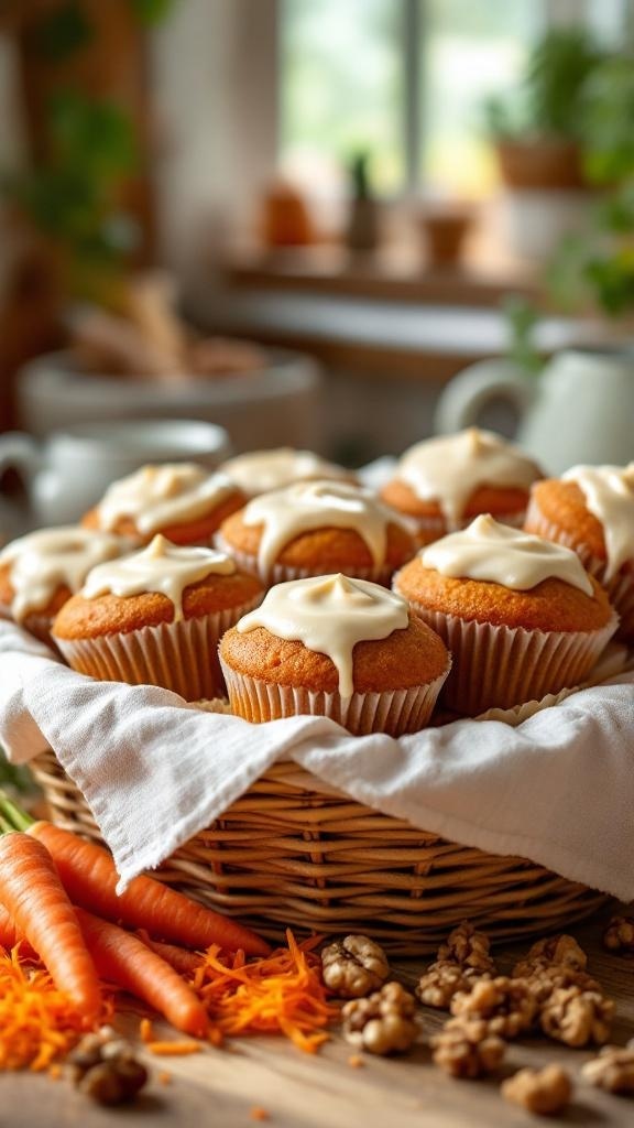 A basket of savory carrot cake muffins topped with creamy frosting, surrounded by fresh carrots and walnuts.