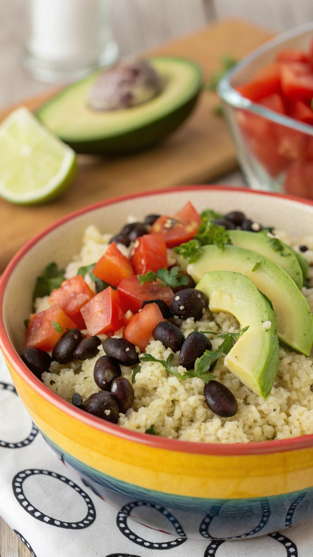 A colorful bowl filled with cauliflower rice, black beans, diced tomatoes, and avocado slices, garnished with lime.