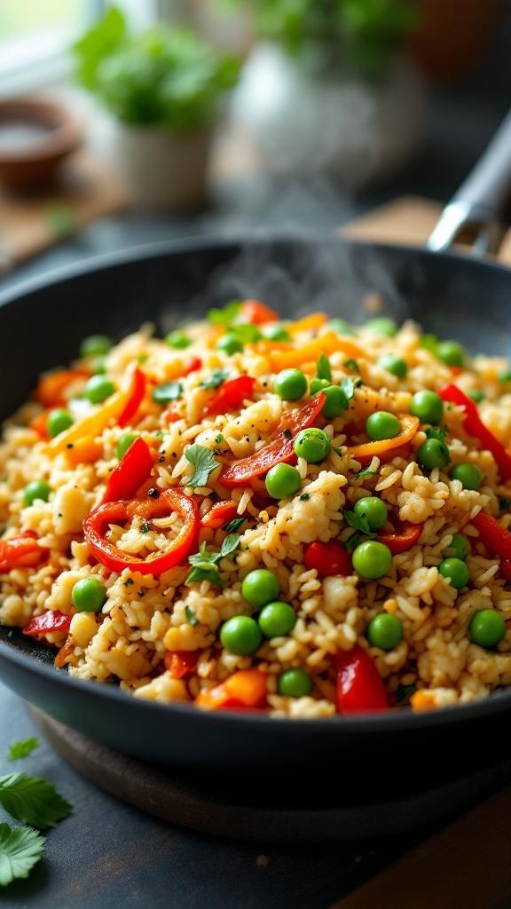 A colorful cauliflower rice stir-fry with peas, bell peppers, and herbs in a skillet.