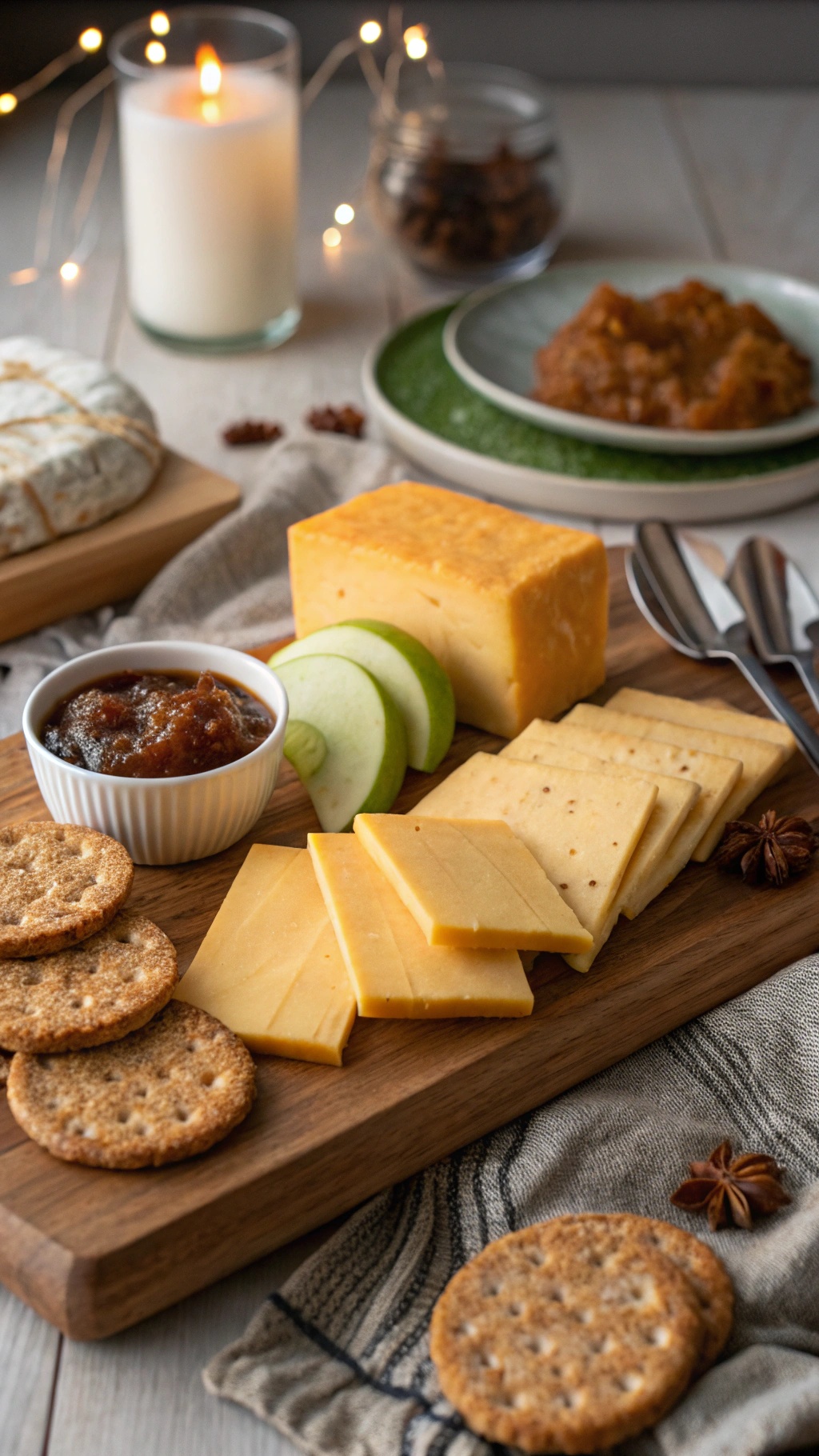 A cheese board with cheddar cheese, apple slices, crackers, and chutney.