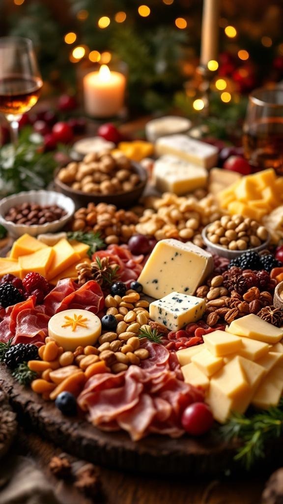 A beautifully arranged cheese and charcuterie board with various cheeses, cured meats, nuts, and fruits.