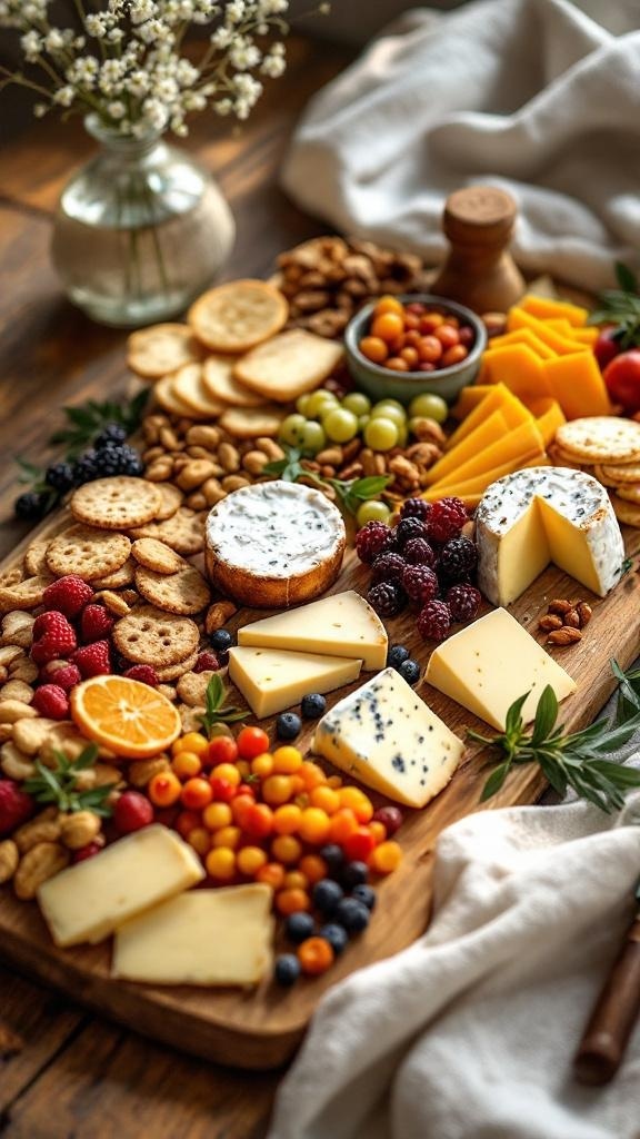 A beautifully arranged cheese and cracker platter featuring various cheeses, fruits, and nuts.