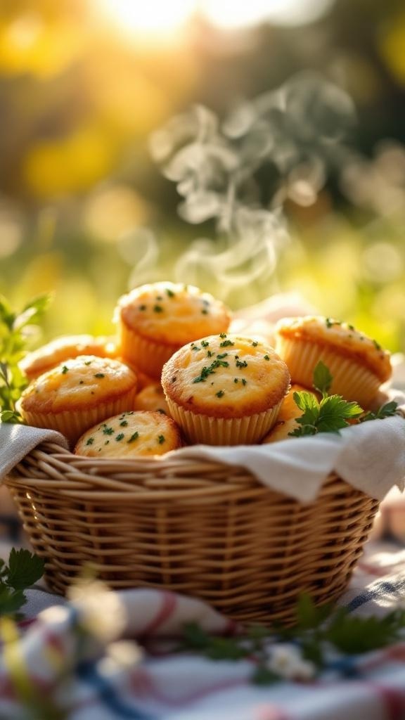 A basket of savory cheese and herb breakfast muffins, freshly baked and steaming, surrounded by greenery.