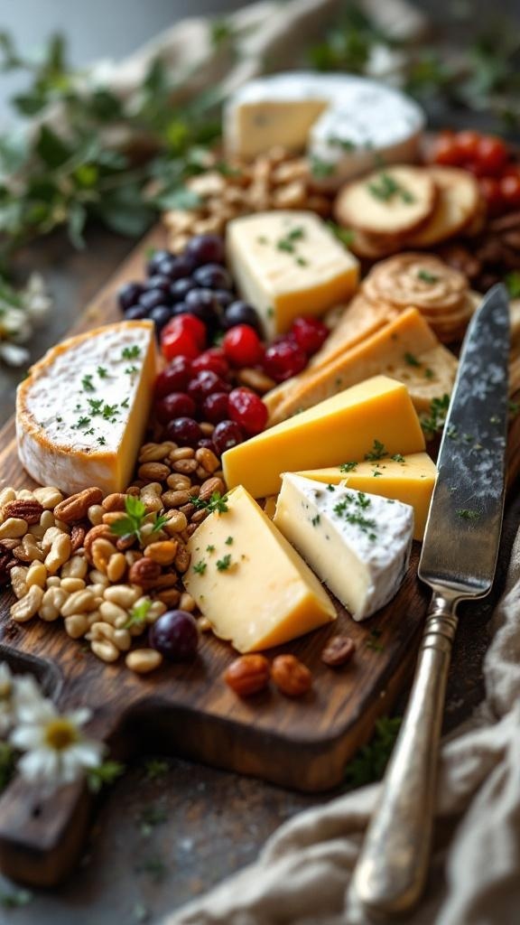 A beautifully arranged cheese and nut platter with various cheeses, nuts, and fruits on a wooden board.