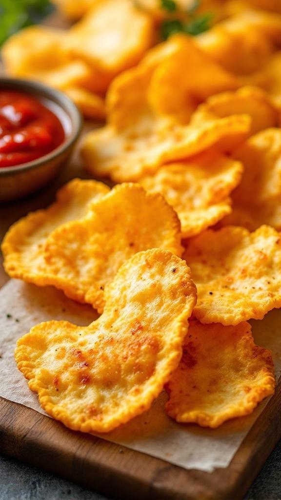 A pile of golden cheese crisps served with a small bowl of dipping sauce.