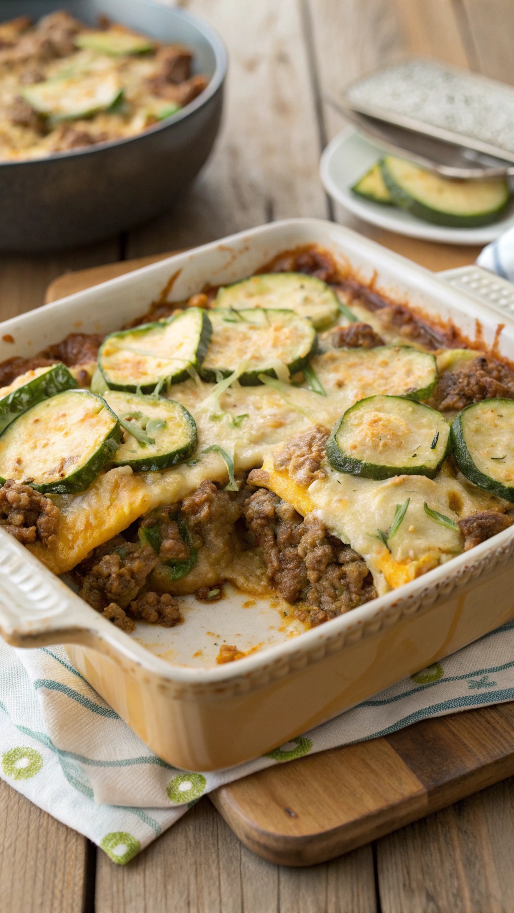 A delicious cheesy beef zucchini casserole in a baking dish, topped with sliced zucchini.