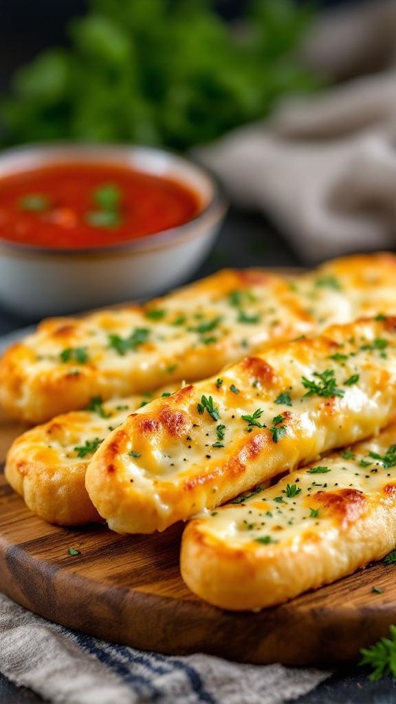 Cheesy garlic breadsticks served on a wooden board with marinara sauce in the background.