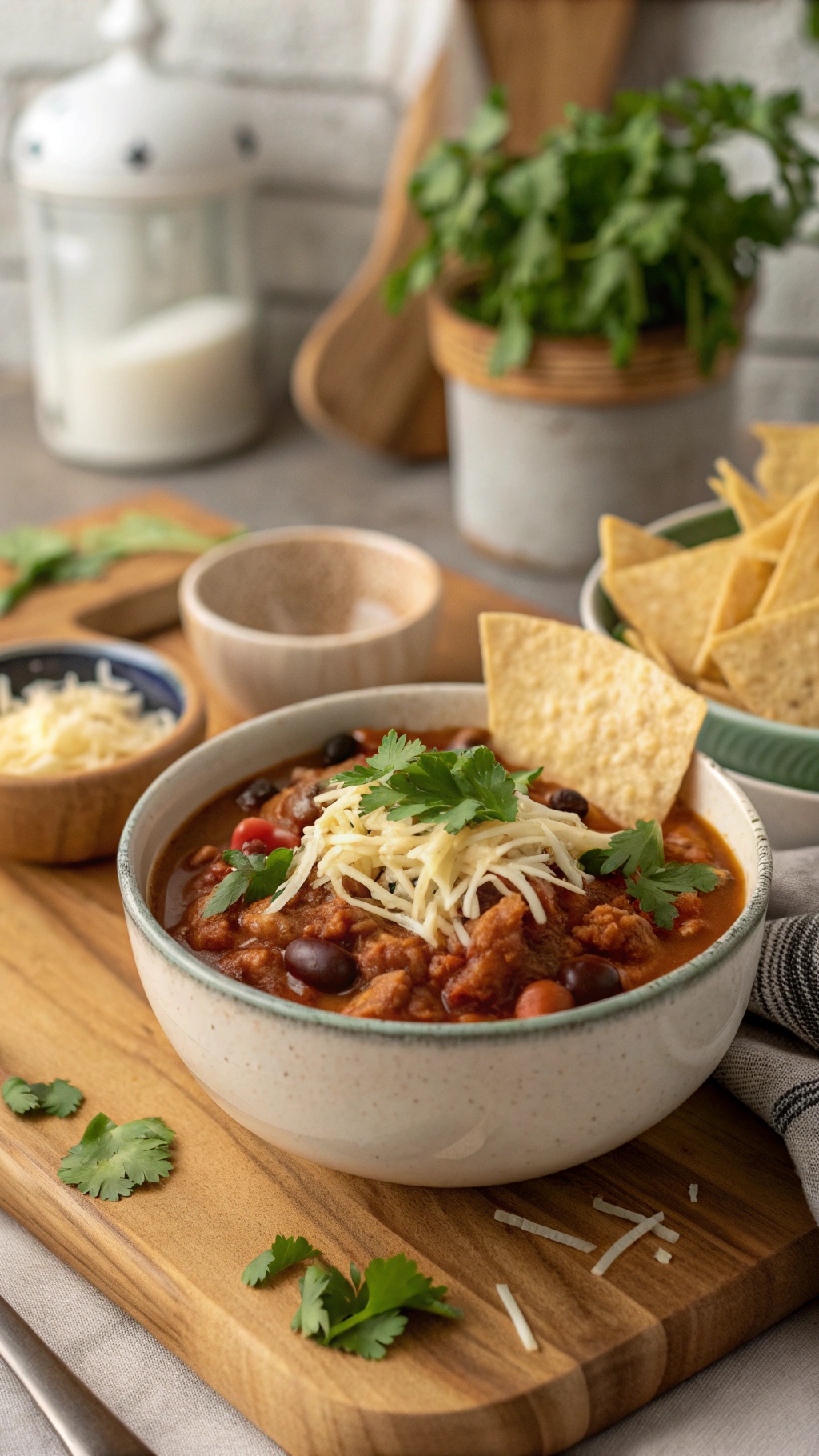 A bowl of chicken and bean chili topped with cheese and cilantro, served with tortilla chips.