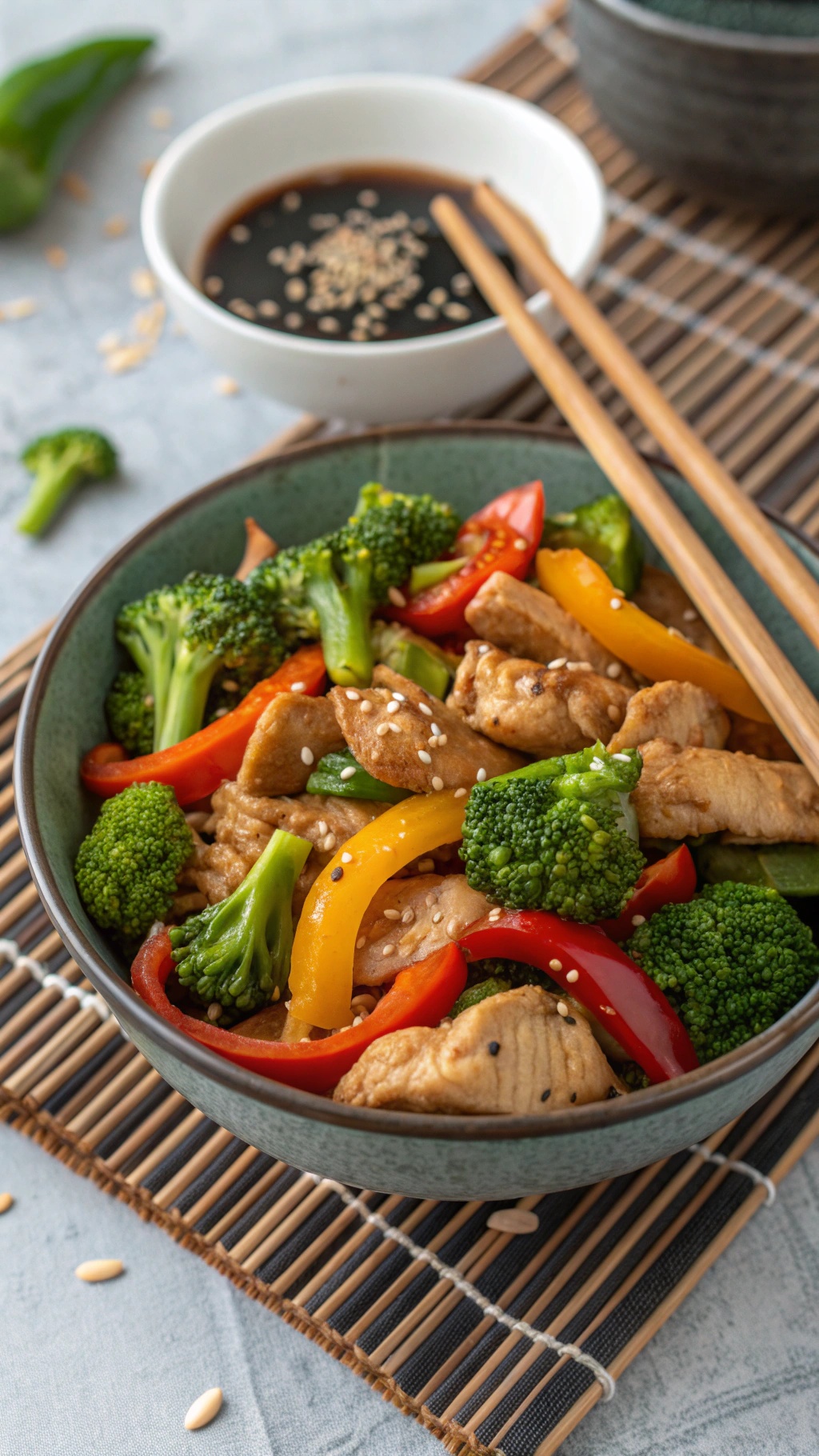 A colorful chicken and broccoli stir-fry bowl with bell peppers and sesame seeds, served with chopsticks.
