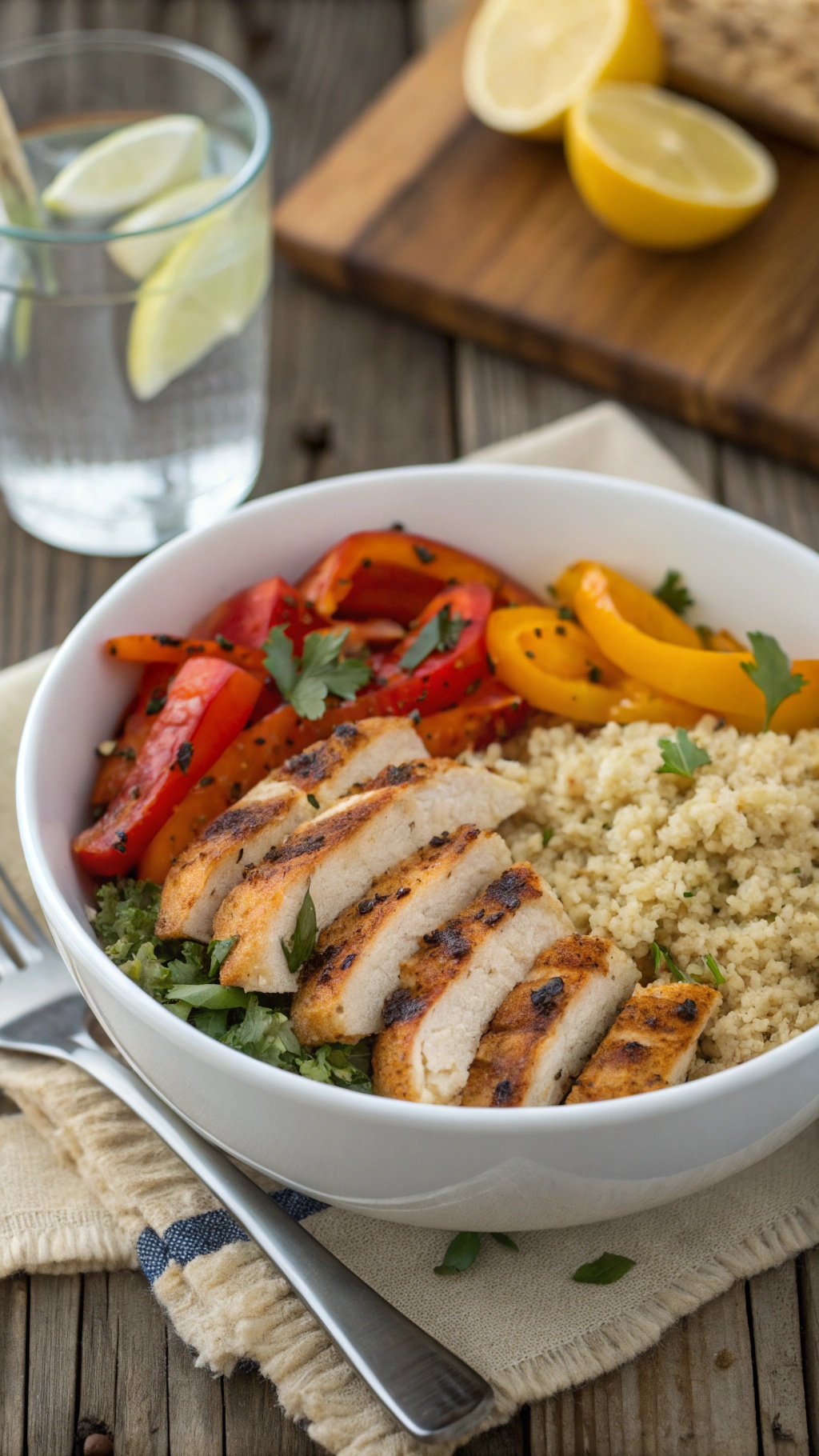 A healthy chicken and quinoa bowl with grilled chicken, quinoa, and colorful bell peppers.