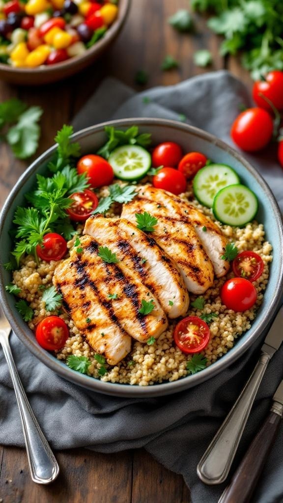 A delicious chicken and quinoa bowl with grilled chicken, cherry tomatoes, cucumber slices, and cilantro on a wooden table.