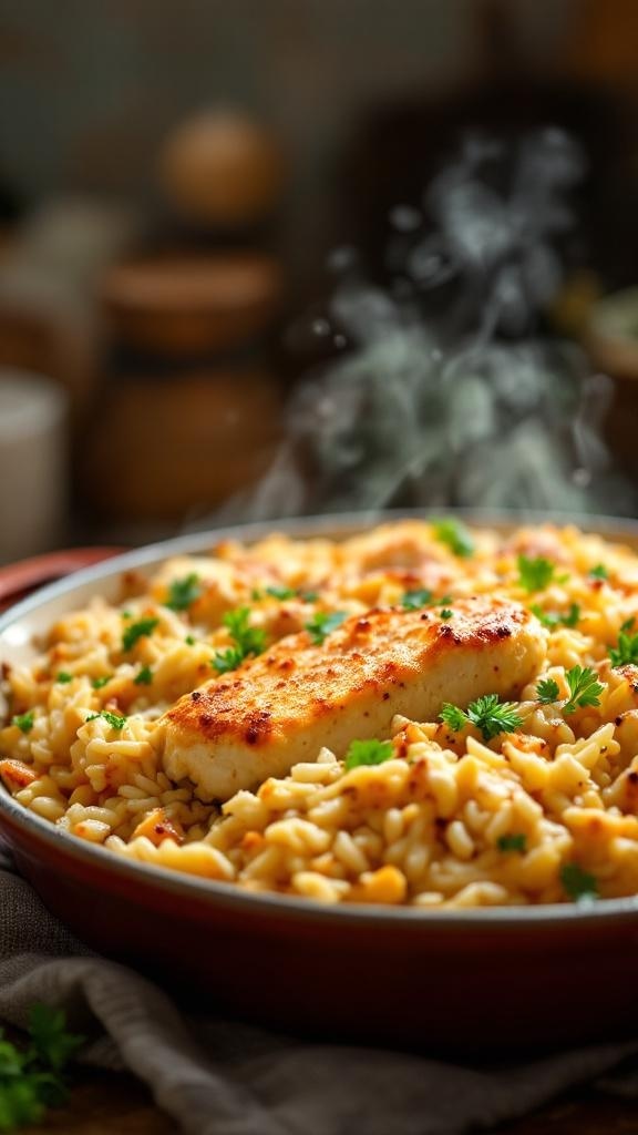 A delicious chicken and rice casserole topped with herbs, served in a rustic dish.
