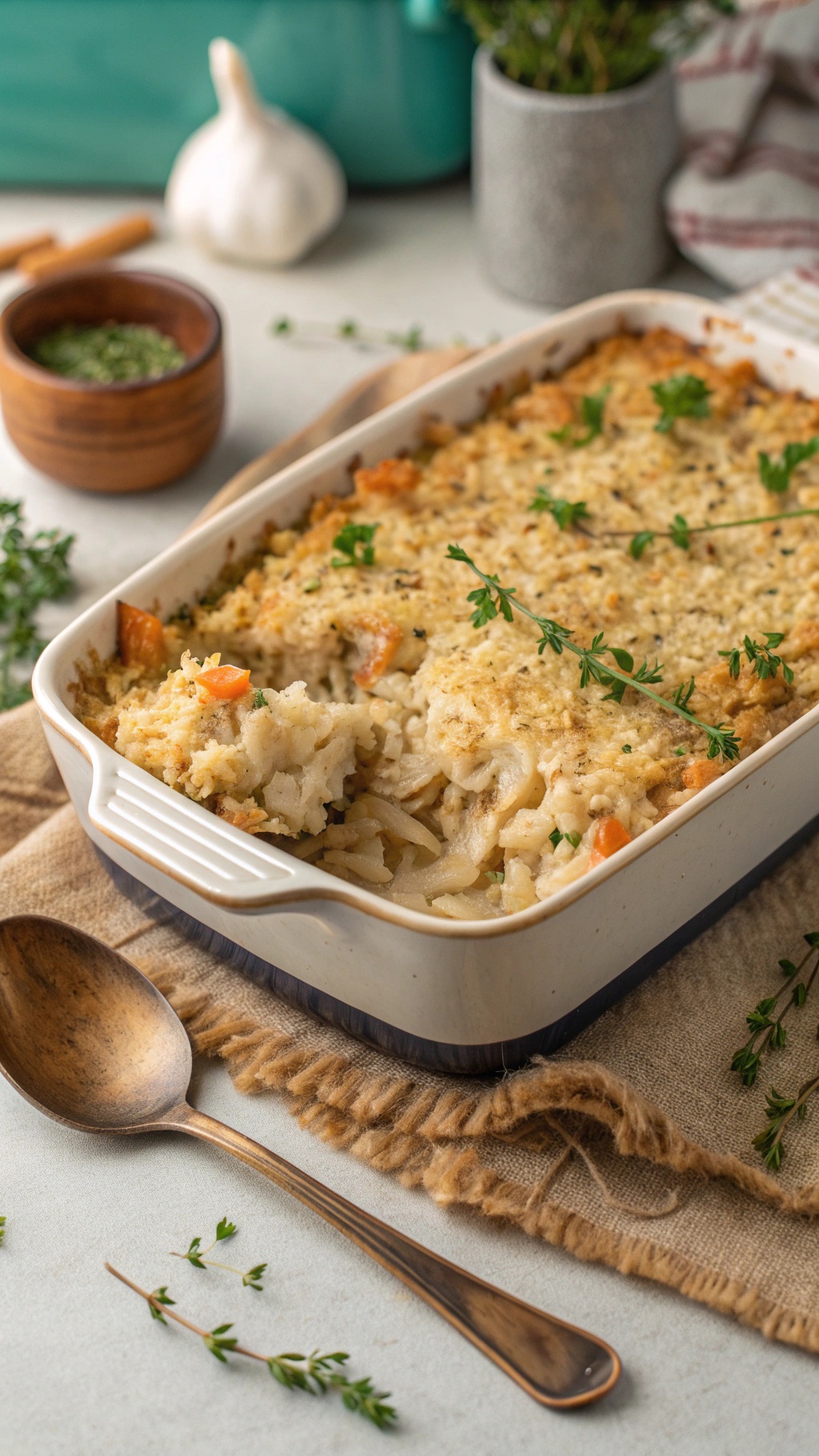 A savory chicken and rice casserole topped with herbs in a baking dish.