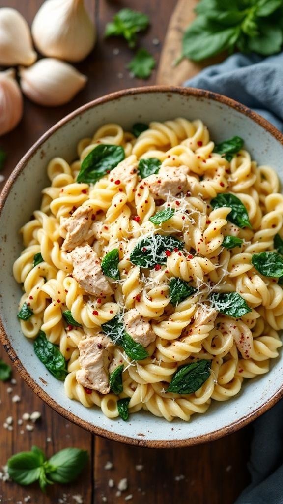 A bowl of savory chicken and spinach pasta with rotini, topped with cheese and red pepper flakes.