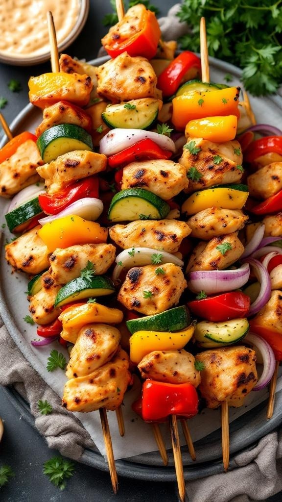 Colorful chicken and vegetable skewers on a plate