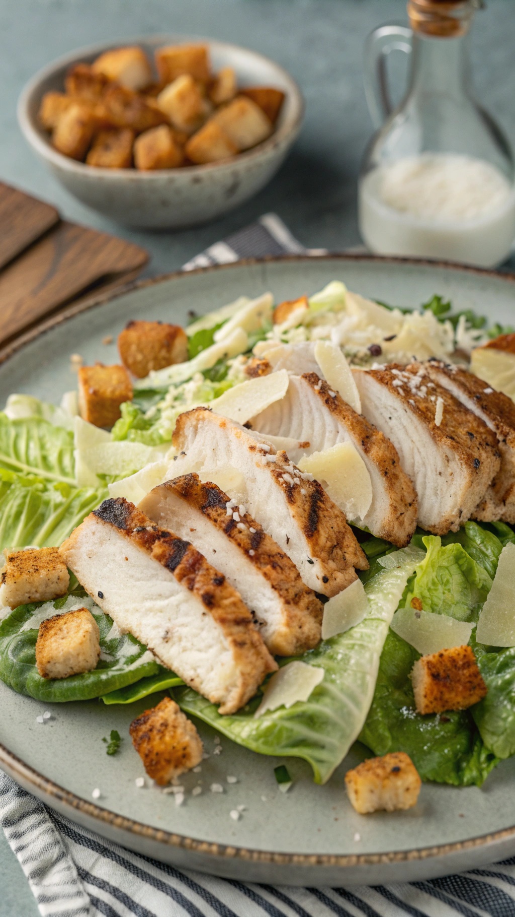 A delicious Chicken Caesar Salad with grilled chicken, romaine lettuce, Parmesan cheese, and croutons on a plate.