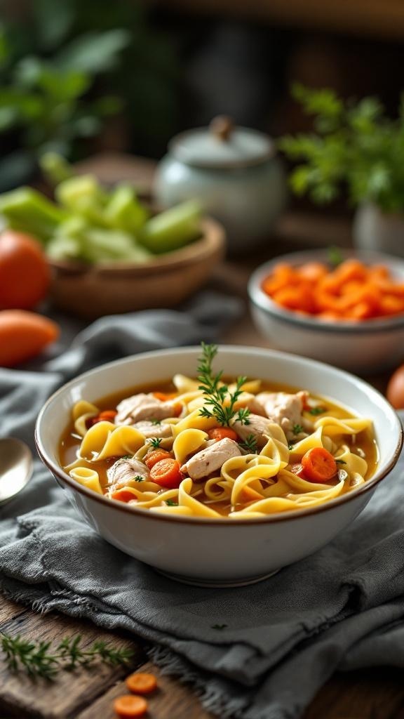 A bowl of chicken noodle soup with rotisserie chicken, noodles, carrots, and herbs on a rustic wooden table.