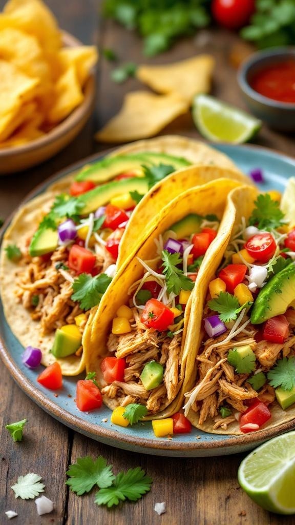 Three savory chicken tacos filled with shredded chicken, diced tomatoes, bell peppers, and avocado, served with lime wedges and tortilla chips.