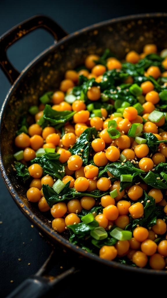 A colorful stir-fry featuring chickpeas and spinach in a skillet.
