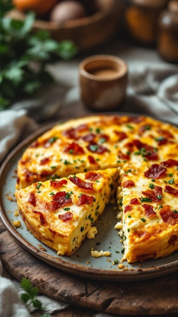 A savory cottage cheese and bacon frittata, sliced and garnished with parsley, served on a wooden board.