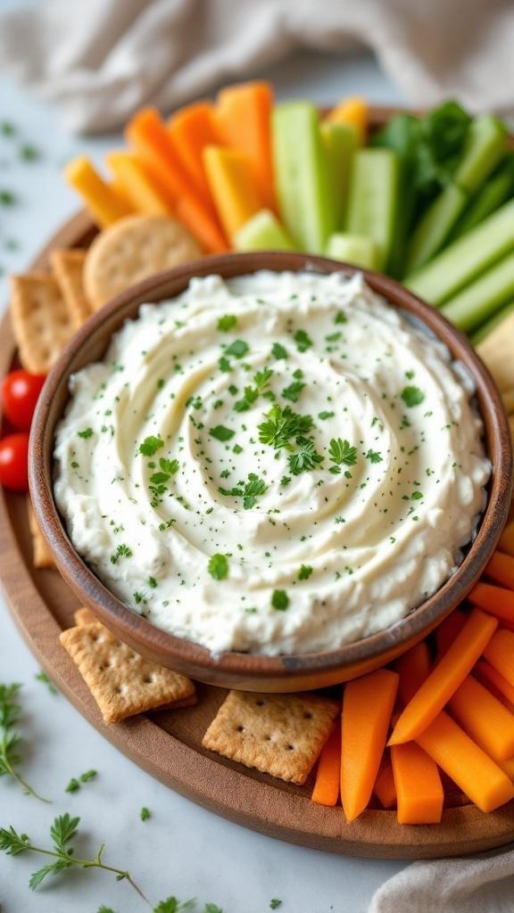 A bowl of cottage cheese dip surrounded by colorful vegetable sticks and crackers.