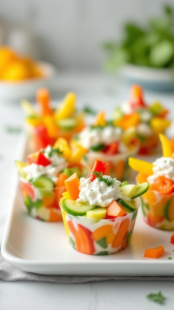 Colorful cups filled with cottage cheese and assorted diced vegetables, arranged on a white platter.