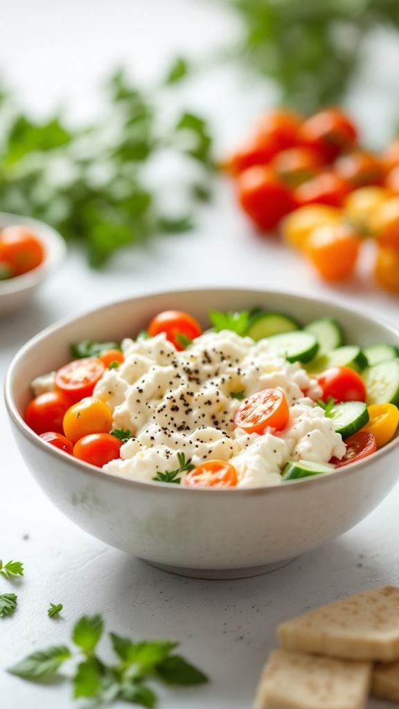 A savory cottage cheese bowl with cherry tomatoes, cucumber, and herbs.