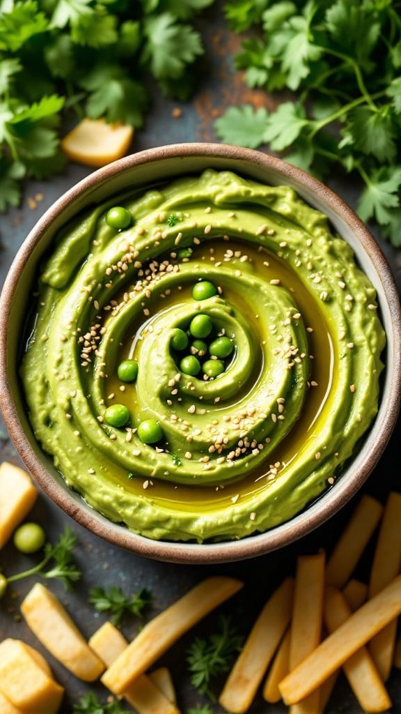 A bowl of green edamame and avocado hummus garnished with sesame seeds and surrounded by fresh herbs and veggie sticks.