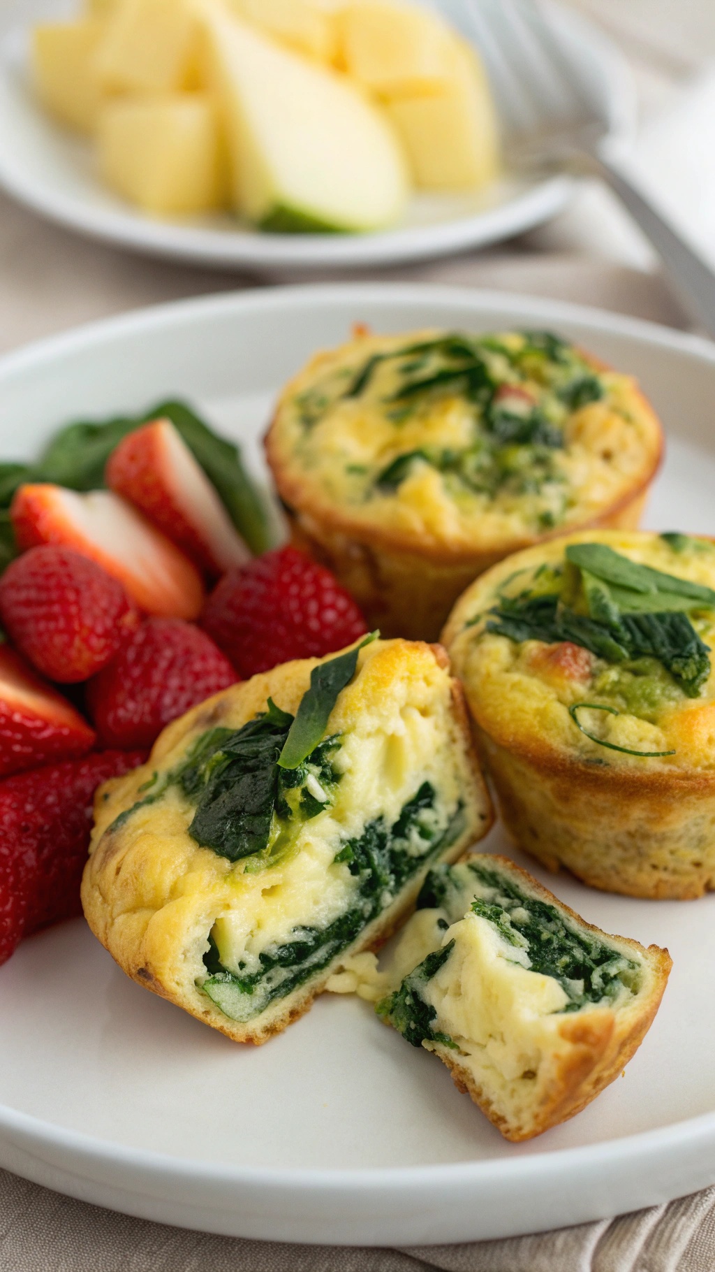Savory egg and spinach breakfast muffins served with fresh strawberries and apple slices.