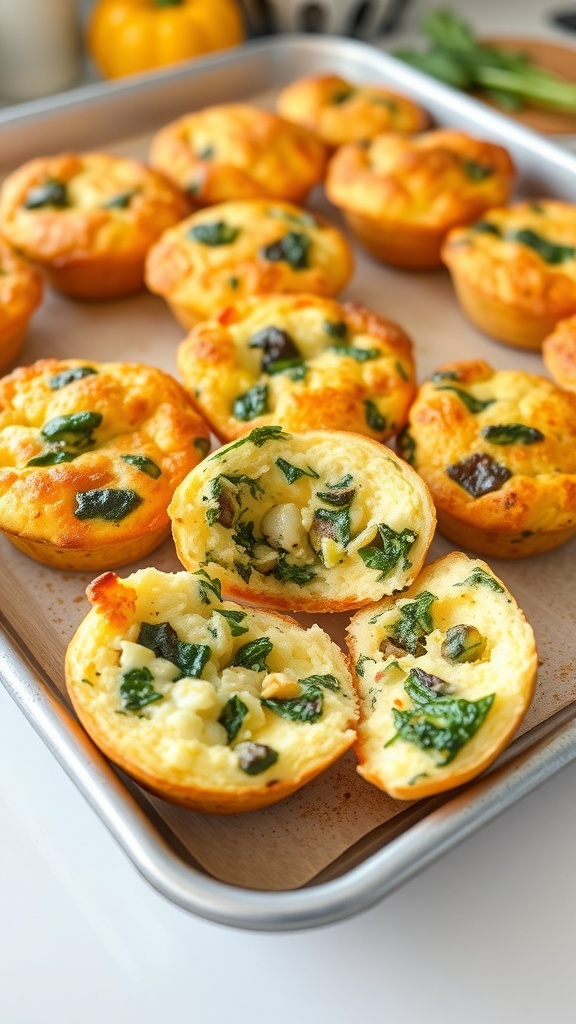 Savory egg muffins with spinach and cheese on a baking tray.