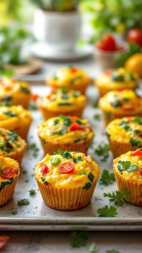 Savory egg muffins loaded with veggies, displayed on a baking tray.