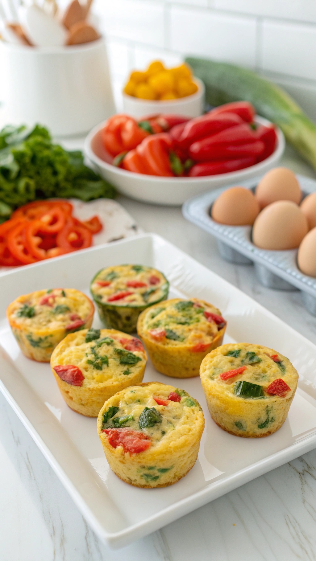 Savory egg muffins with veggies and cheese on a white platter, surrounded by fresh vegetables and eggs.