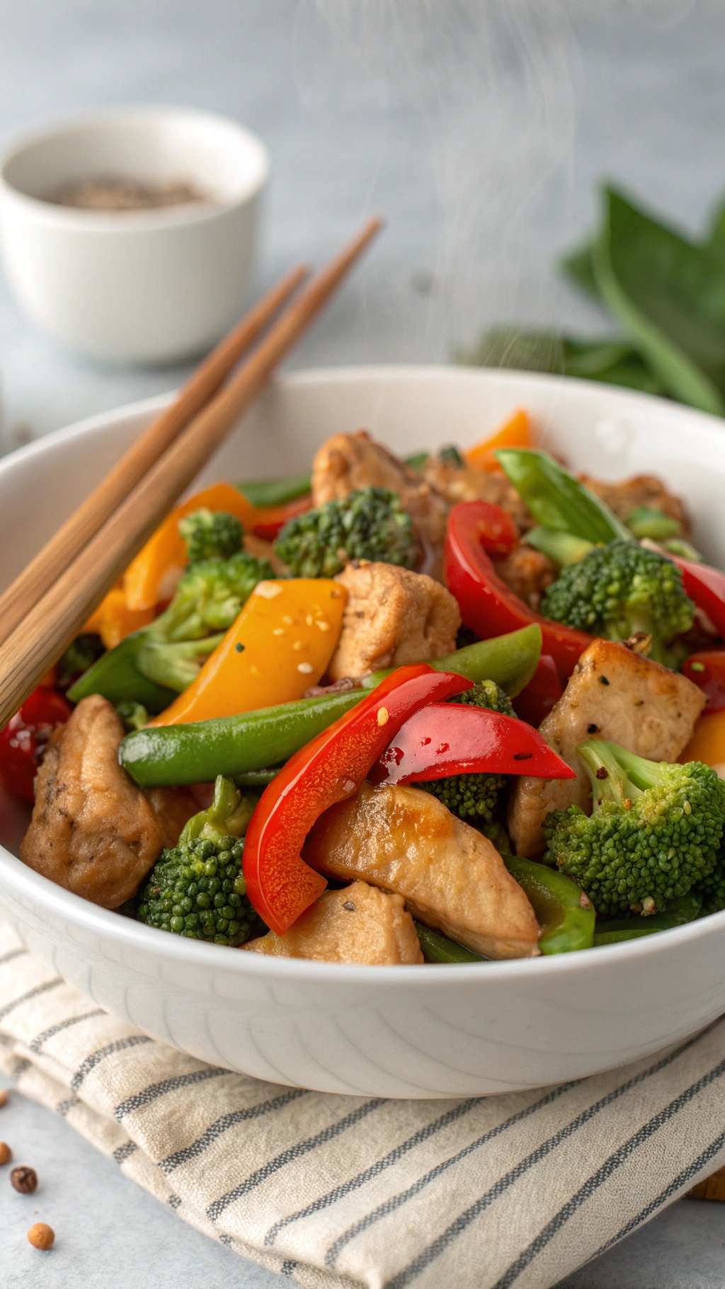 A bowl of savory garlic and ginger chicken stir-fry with colorful vegetables.